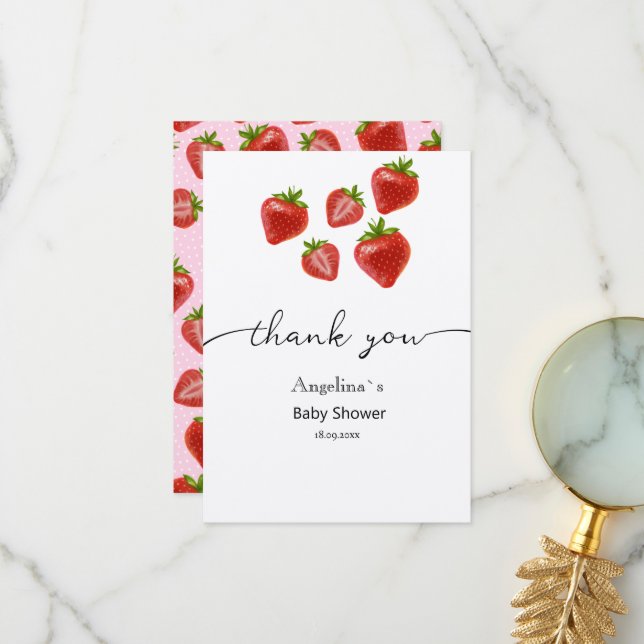 Platt Tack Baby Shower Sweet Strawbär. Kort (Fram/Back In Situ)