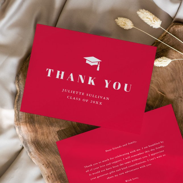 Platt tackkort tack kort (Simple, elegant typography with cap and tassel double-sided graduation thank you note cards.)