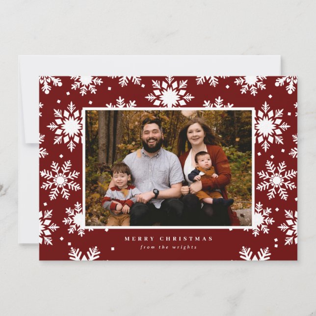 Platt vit fetstil Snöflingor i bakgrunden Julkort (Framsida)