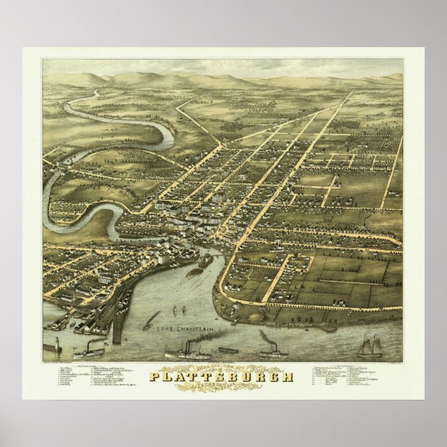 Plattburgh NY, 1877: Gammal utskrift Poster (Framsidan)