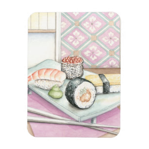 Plattor av assorterad sushi med påsar magnet