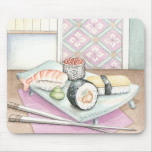 Plattor av assorterad sushi med påsar musmatta