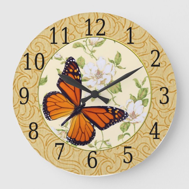 Plattor av monarch och Dogwood Flowers Stor Klocka (Framsida)