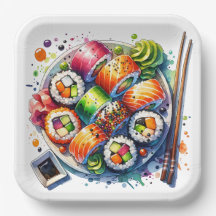 Plattor av sushi, sojasås och chopsticks från föde