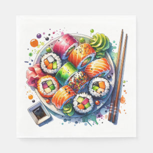 Plattor av sushi, sojasås och chopsticks från föde pappersservett