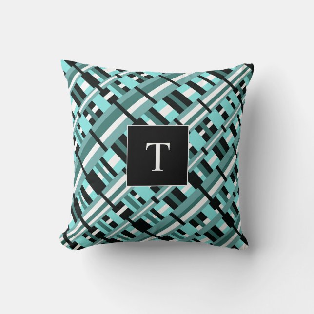 Plattor i Aqua, Teal, Black & White Monogram Kudde (Framsida)