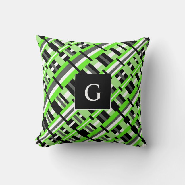 Plattor i Lime Green, Black & Grått Monogram Kudde (Framsida)