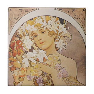 Plattor - Mucha Flowers Dam Art nouveau Kakelplatta