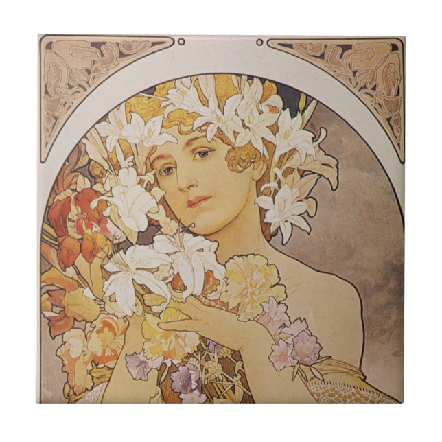 Plattor - Mucha Flowers Dam Art nouveau Kakelplatta (Framsidan)