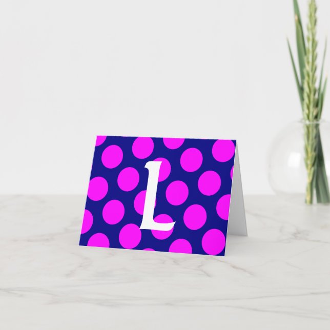 Plattor och Magenta Polka Dot Monogram Anteckningskort (Framsida)