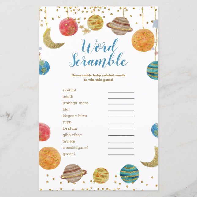 Plattor Rymden Baby Shower Ord Scramble (Framsida)