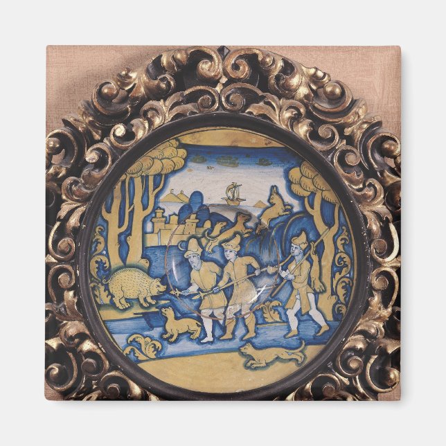 Plattor som dekoreras med en jaktscen magnet (Framsidan)