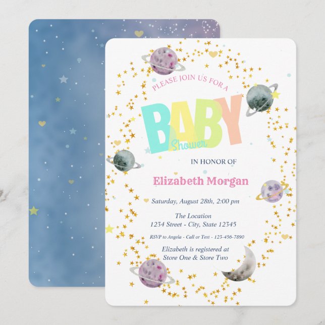 Plattor,Stars Galaxy Baby Shower Inbjudningar (Fram/baksida)