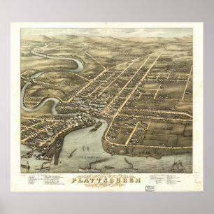 Plattsburgh New York 1877 Antique Panoramic Karta Poster