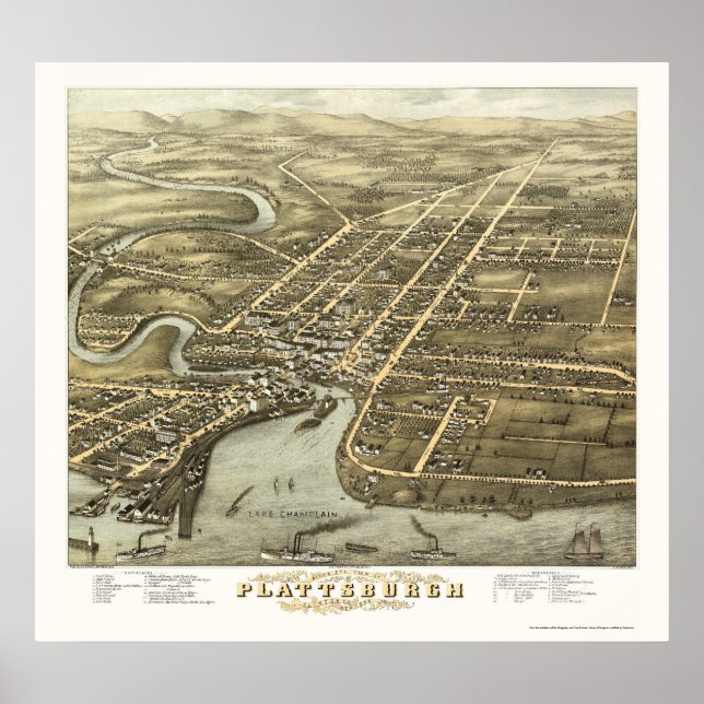 Plattsburgh, NY Panoramic Karta - 1877 Poster (Framsidan)