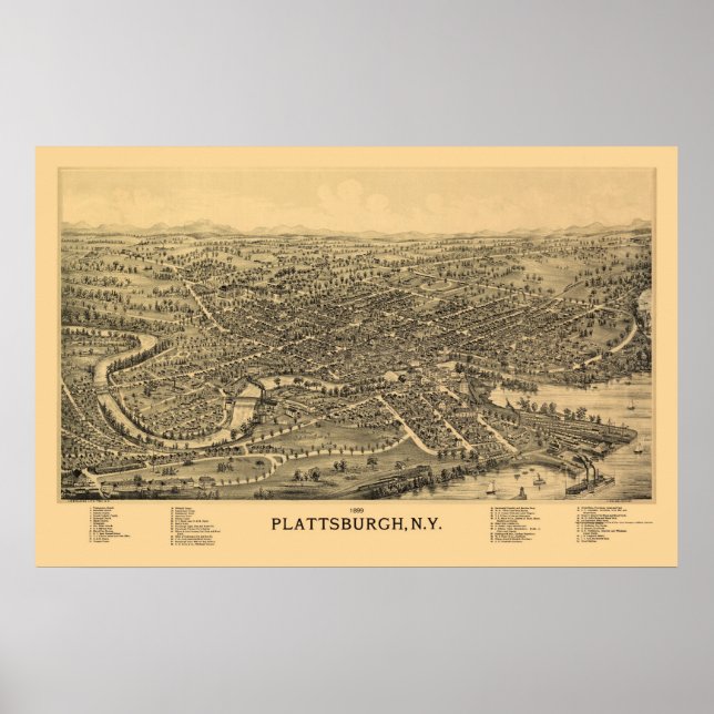 Plattsburgh, NY Panoramic Karta - 1899 Poster (Framsidan)