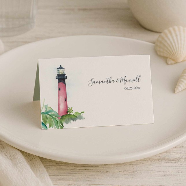Plattskort för fyr- eller båsbröllop Bord Placeringskort (Beach wedding in Florida features Jupiter lighthouse table seating card art by Victoria Grigaliunas)