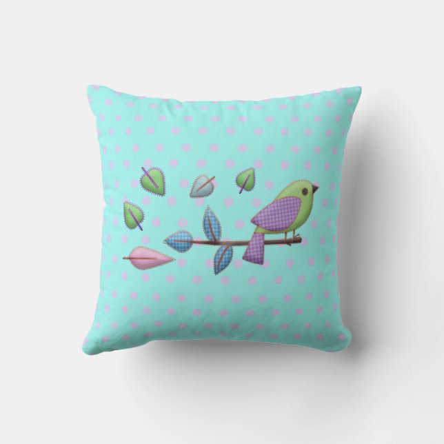 Play Bird med Gingham Löv Rosa Blue Dots Kudde (Baksida)