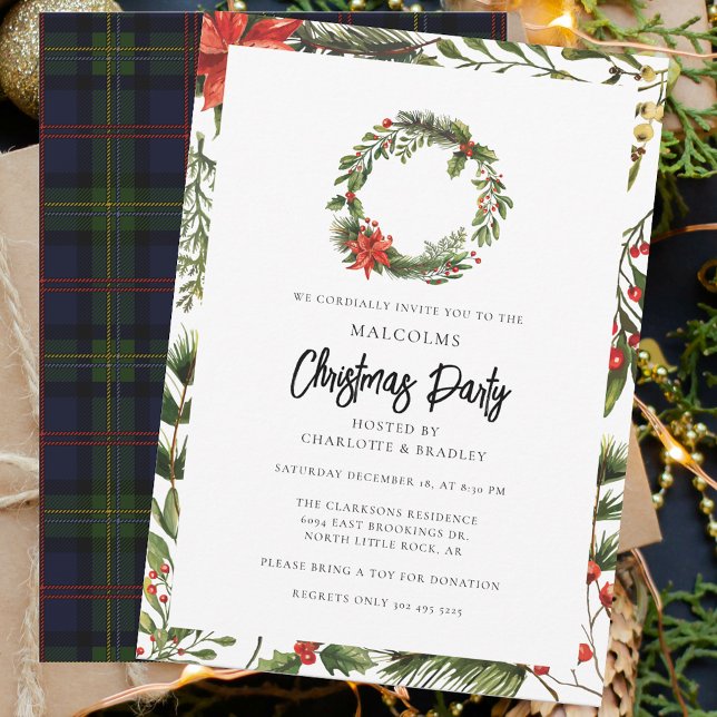 Play Blommigt Poinsettia jul Party Tartan Inbjudningar (Rustic Plaid Christmas Party Malcolm Tartan Invitation)