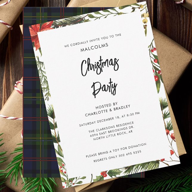Play Blommigt Red Berries jul Party Tartan Inbjudningar (Rustic Tartan Red Berries Christmas Party Invitation)