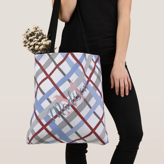 Play Blue Burgundy Cute Girly Namn Monogram Tygkasse (Närbild)