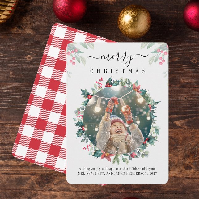 Play God jul Family Photo Mistletoe Anteckningskort (Rustic Red White Gingham Photo Christmas Greetings Red Berries Card)