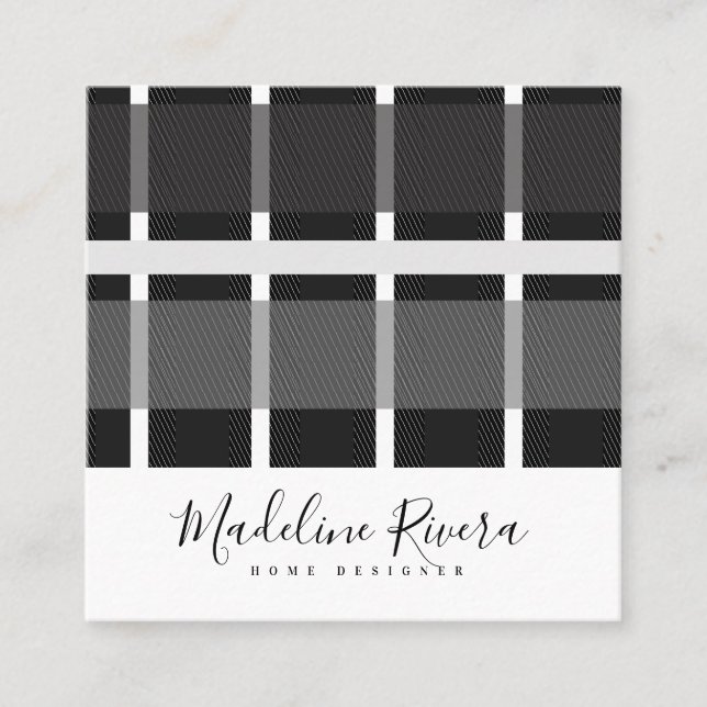 Play Grått Black Linjer Shapes Tartan Mönster Fyrkantigt Visitkort (Framsida)