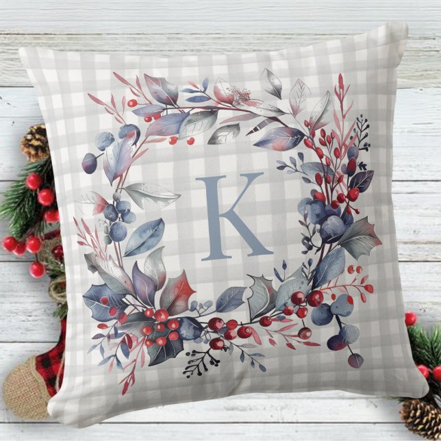 Play Grått Monogram Greenery Julkrans Kudde (Skapare uppladdad)