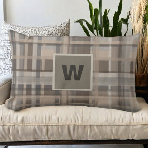 Play monogram beige brun tan grått farmhouse lumbarkudde