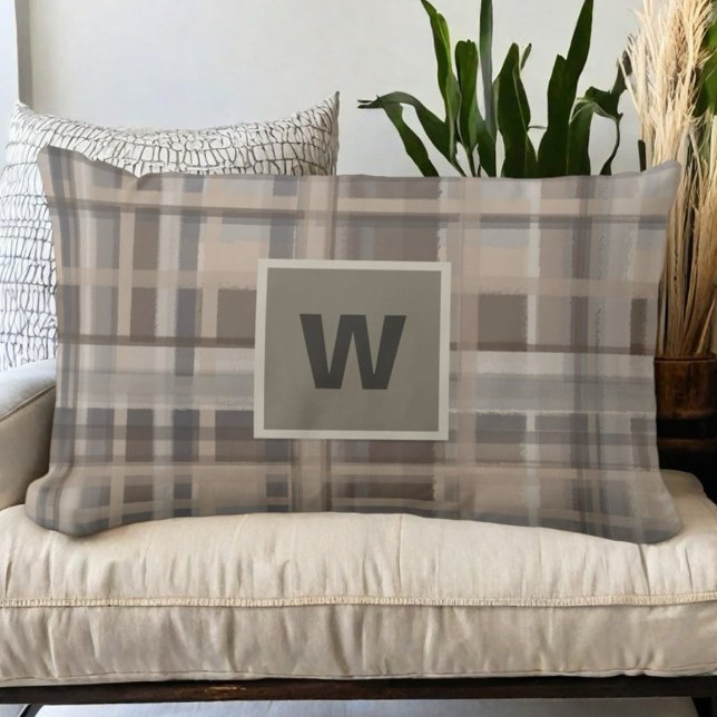 Play monogram beige brun tan grått farmhouse lumbarkudde (Skapare uppladdad)