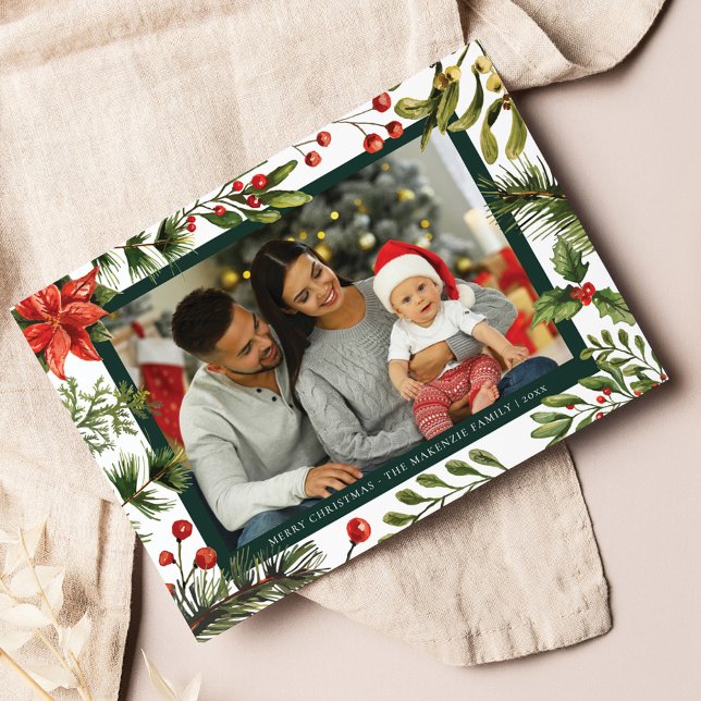 Play Poinsettia Botanical Family Photo Tartan Julkort (Plaid Clan MacKenzie Tartan Christmas Greetings Card)
