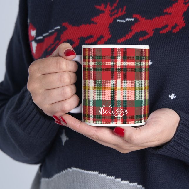 Play Red Grönt Rustic Personlig jul Kaffemugg (Personalized Script Plaid Rustic Christmas Holidays 11oz Coffee Mug)