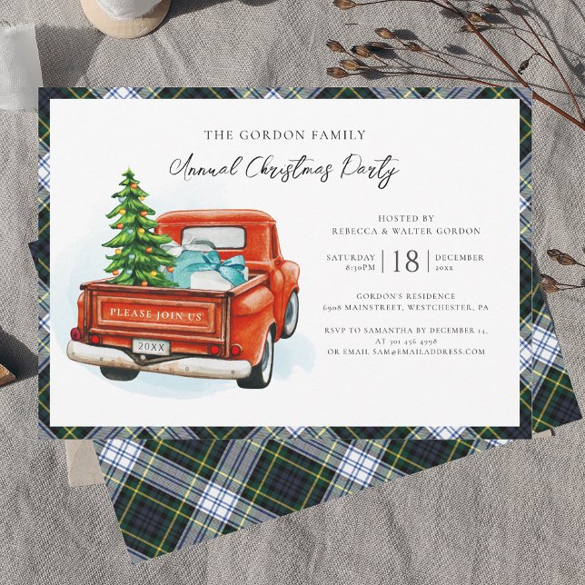 Play Red Lastbil Gordon Tartan jul Party Inbjudningar (Rustic Christmas Party Invitation with Red Truck Gordon Tartan)