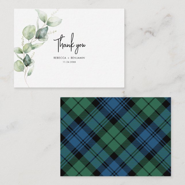 Play Rustic Bröllop Tartan Eucalyptus Tack Anteckningskort (Fram/baksida)