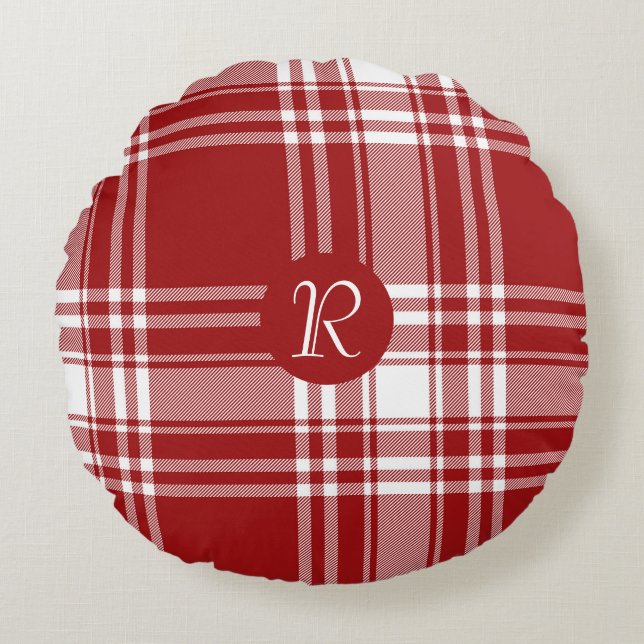 Play Tartan Red White Monogram Helgdag jul Rund Kudde (Framsidan)