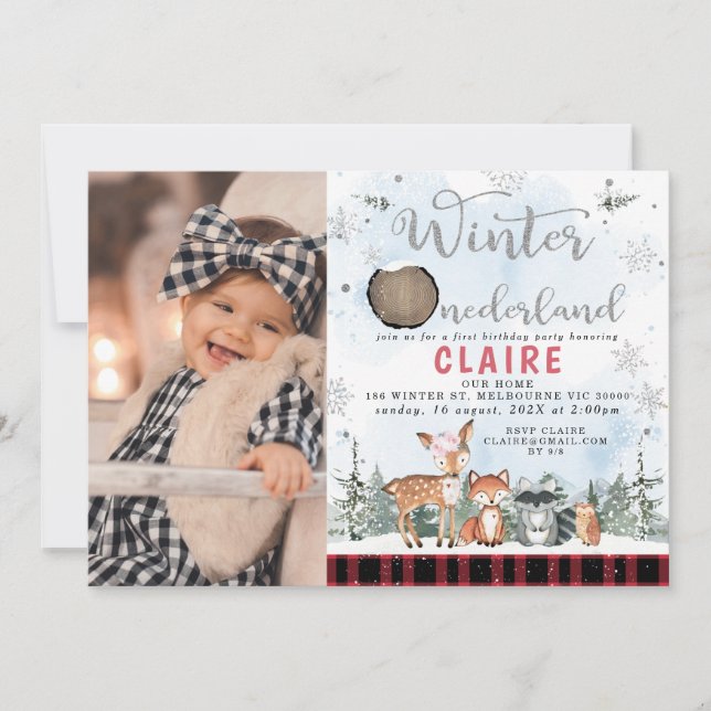 Play Winter One-derland Woodland Animals Birthday Inbjudningar (Framsida)