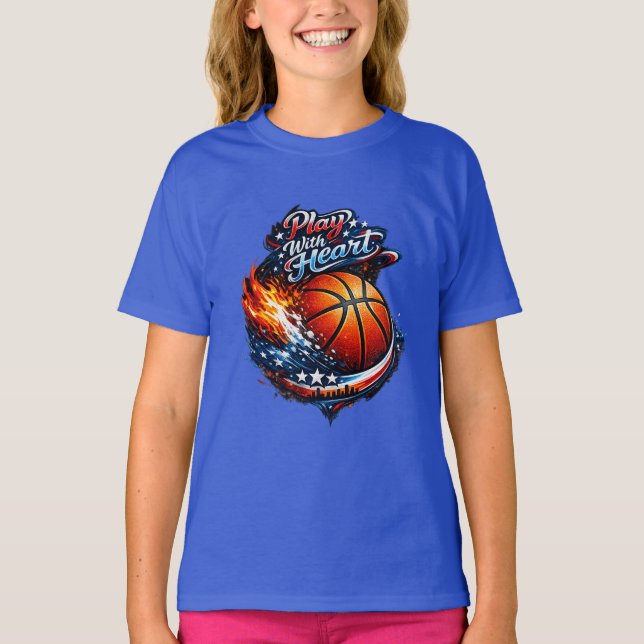 Play With Heart Basketball Motivational Girls T Shirt (Framsida)