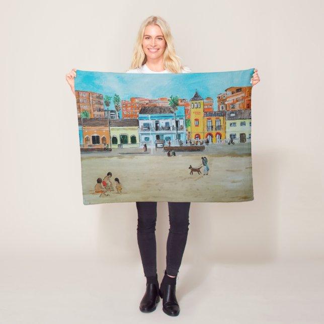 Playa de la Malvarrosa Painting by Alfred Fox Fleecefilt (På plats)