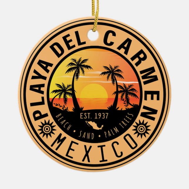Playa del Carmen Retro Sunset Handflatan träd 1960 Julgransprydnad Keramik (Framsidan)