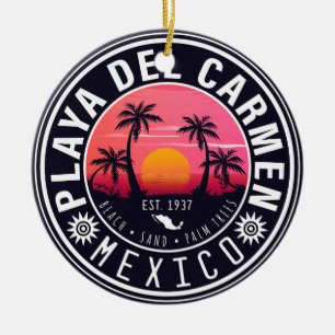 Playa del Carmen Retro Sunset Handflatan träd 1960 Julgransprydnad Keramik