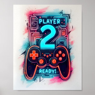 Player 2 Redo Neon Gamer Art Poster