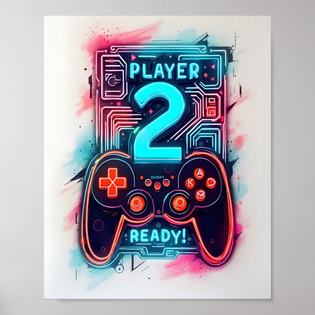 Player 2 Redo Neon Gamer Art Poster (Framsidan)