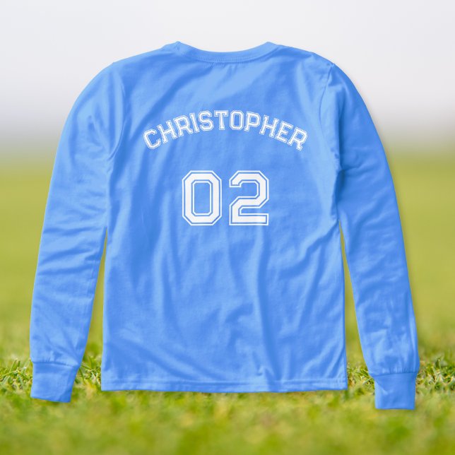 Player Namn Jersey Number Boys Blue-Långärmad T Shirt (Player Name Jersey Number Boys Blue Long Sleeve Tri-Blend Shirts)
