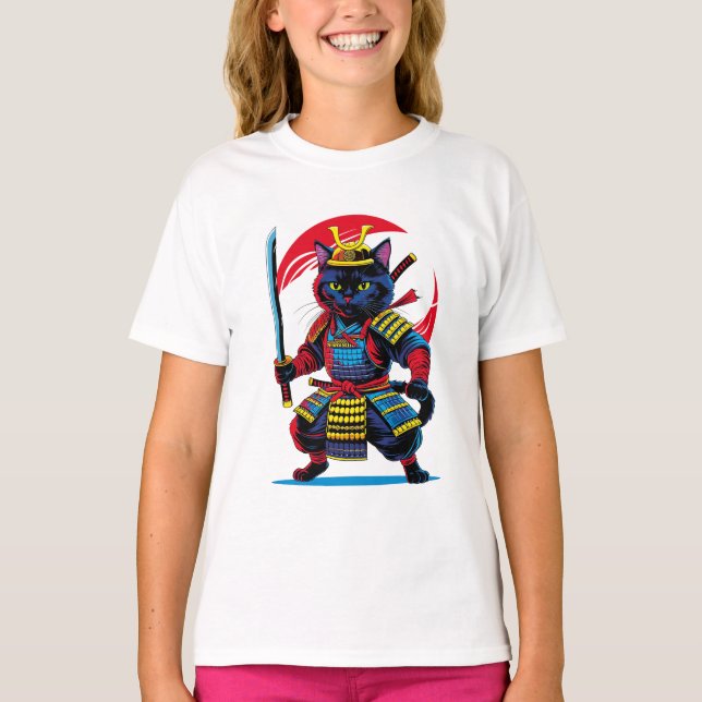 Playera básica de niñas Gato Samurái T Shirt (Framsida)