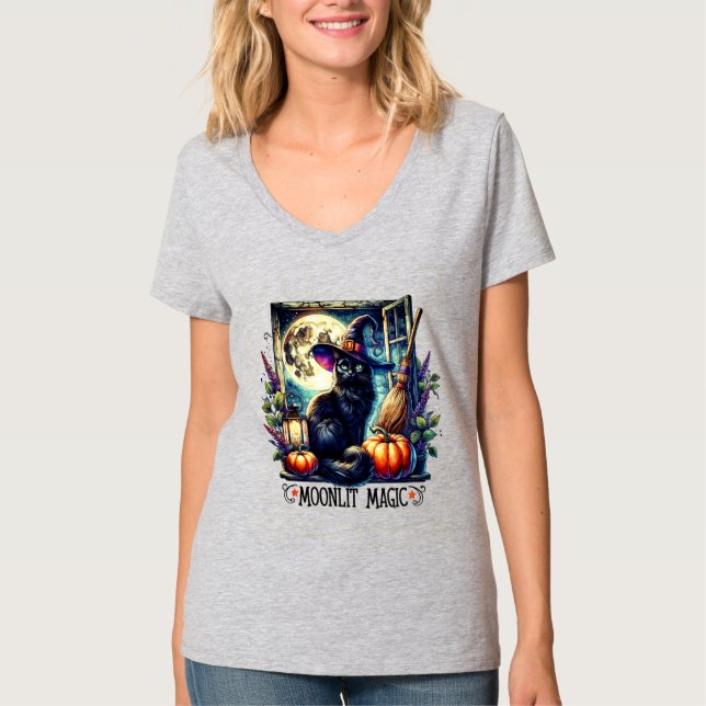 Playera "Moonlit Magic" Black Cat Halloween Shirt T (Framsida)