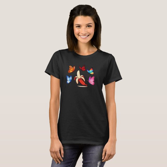 Playful Banana with Flying Butterflies T Shirt (Hel framsida)