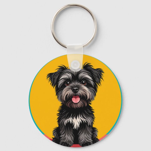 Playful Black And Gray Terrier Puppy Portrait Nyckelring (Framsida)