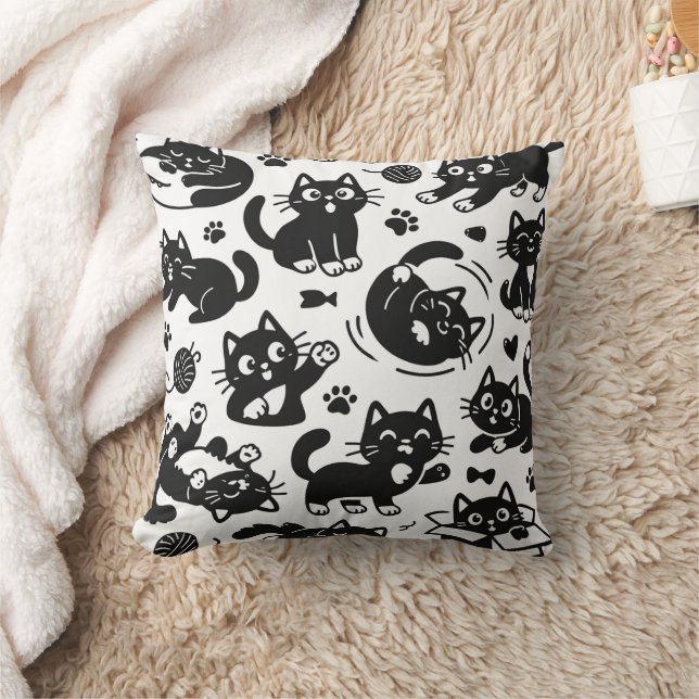 Playful Black Cat Silhouette Pattern Throw Pillow Kudde (Filt)
