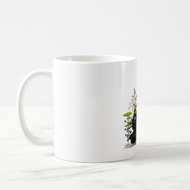 Playful Black Cat with Flowers – Cute Botanical Kaffemugg (Vänster)