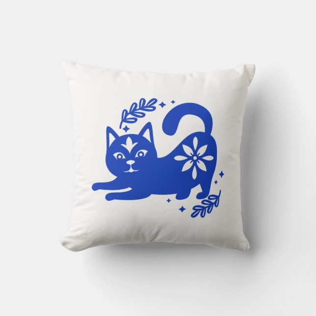 Playful Blue Cat Throw Pillow – CozyBun Kudde (Framsida)